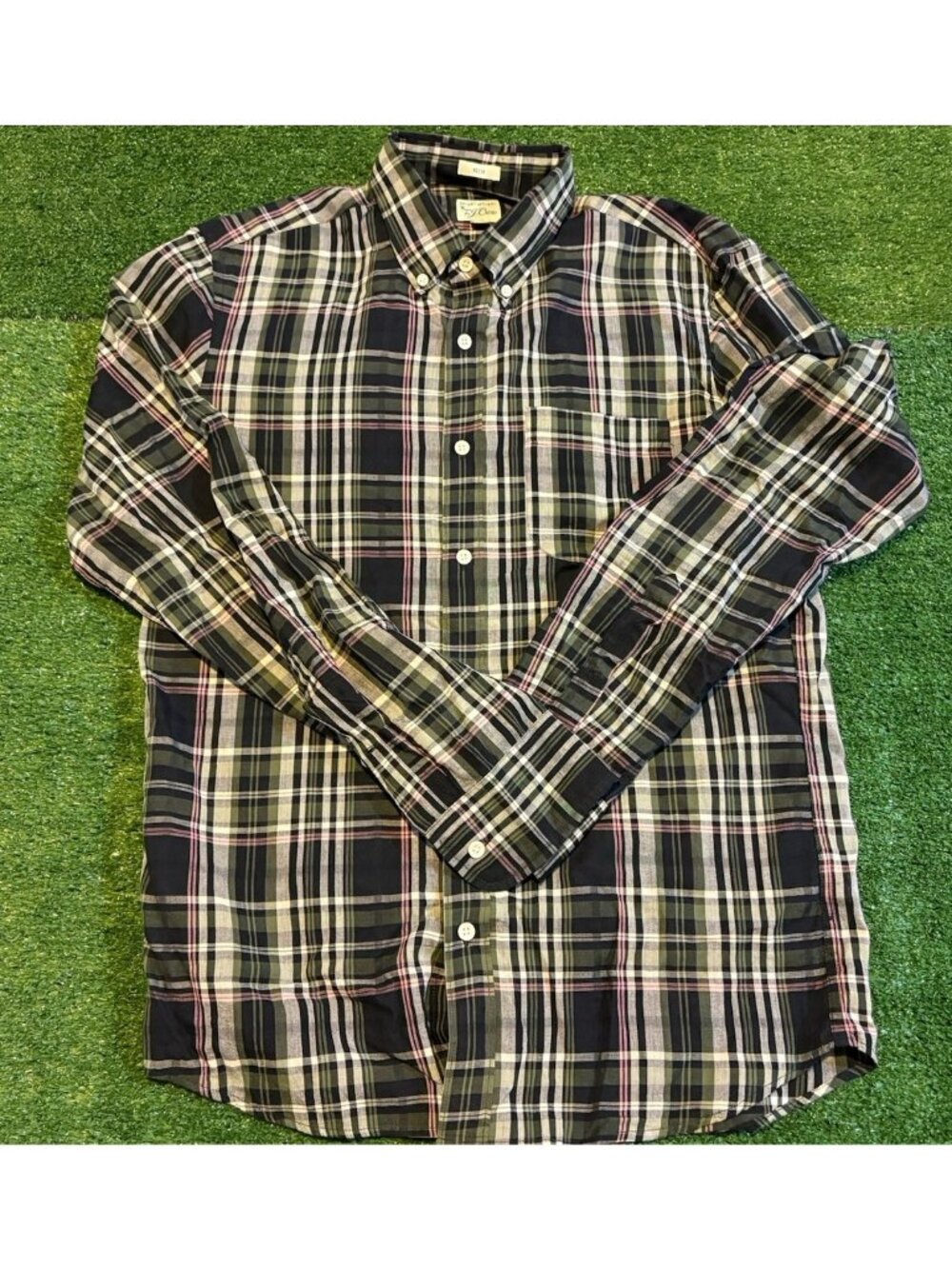 J crew shirt mens medium black pink indian madras long sleeve lightweight loud